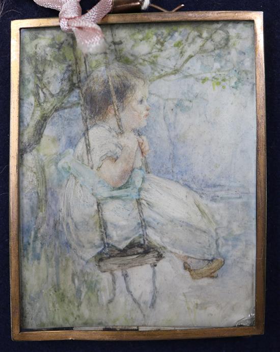 Lilian Etherington, watercolour on ivory miniature, The Swing, 12 x 9cm.
